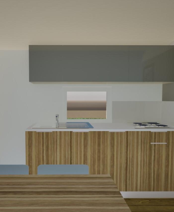 Cucina moderna con mobili in legno e pensili grigi, finestra sopra il lavello.